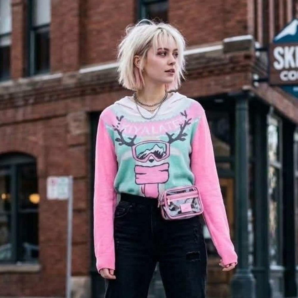 Well Worn Ski Ya Later Reindeer Hoodie Sweater Pink Mint Green Womens Large